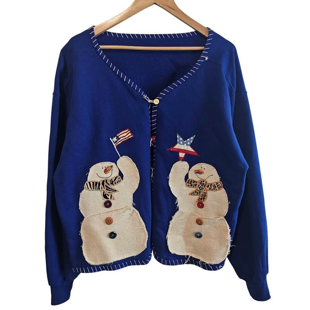 Vintage Christmas Cardigan Womens 2X Embroidered Snowman Cottage Retro Patchwork
